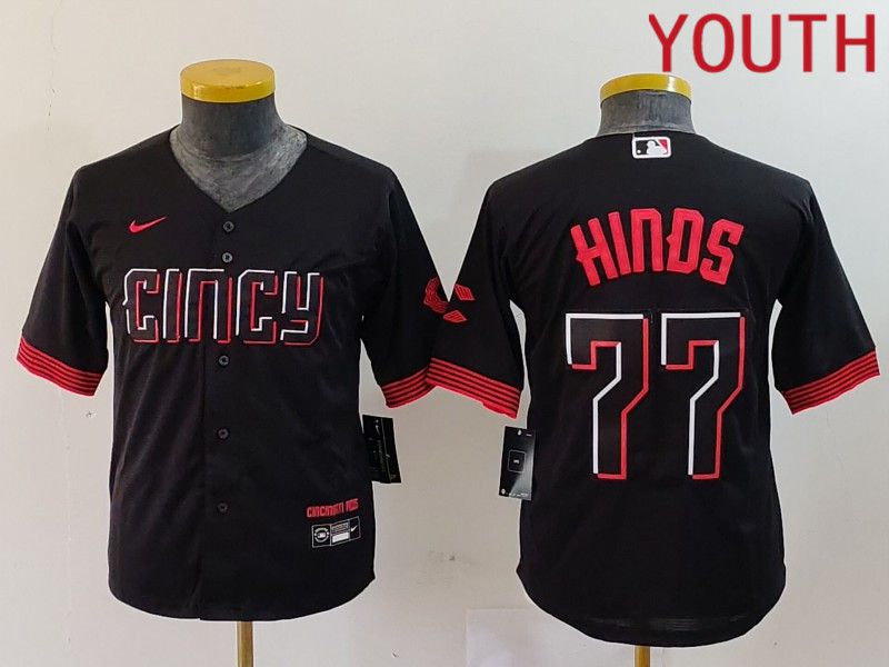 Youth Cincinnati Reds #77 Hinds Black City Edition Nike 2024 MLB Jersey style 1